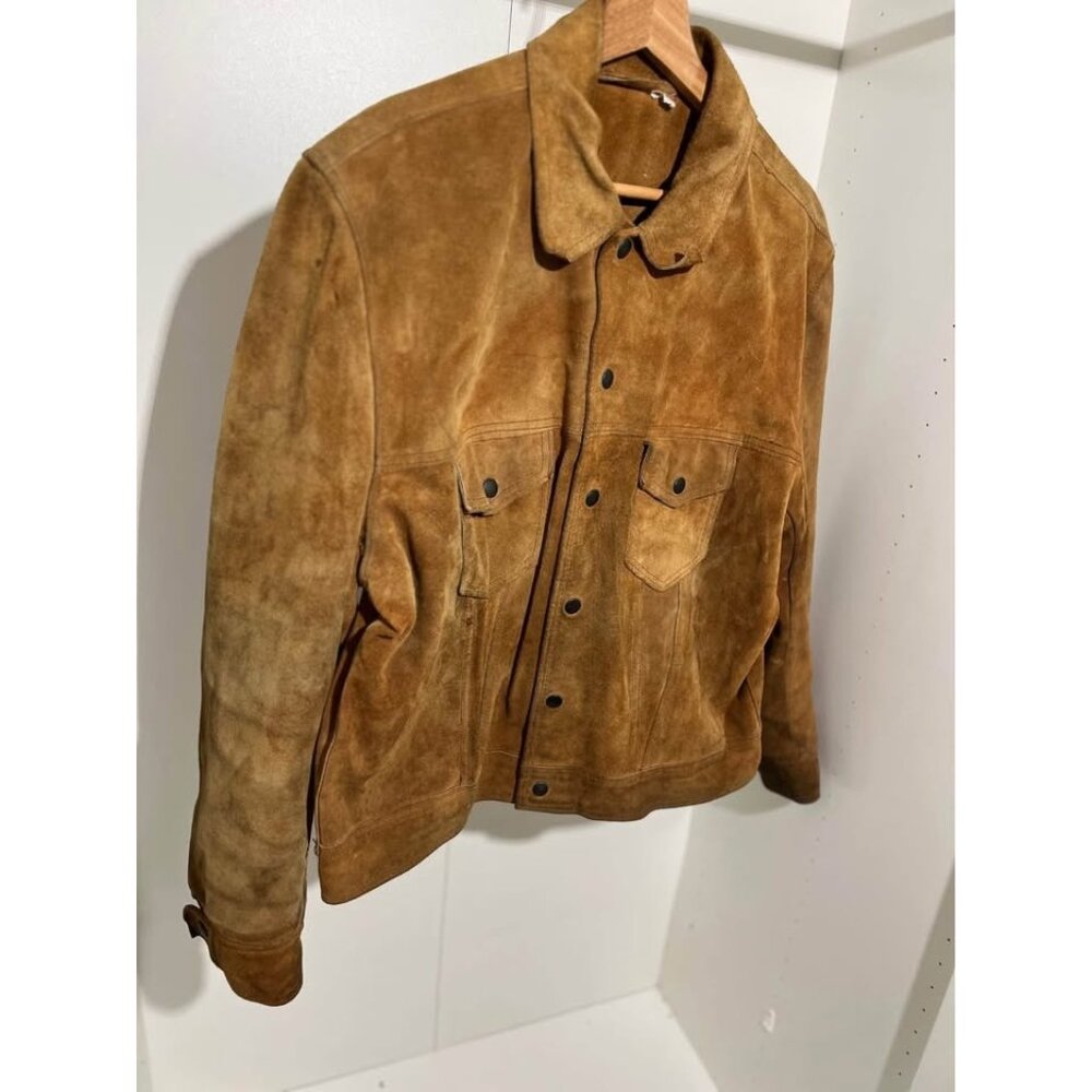 Men's Suede Leather Trucker Western Ranch Workwear Jacket S-M Tribal Design